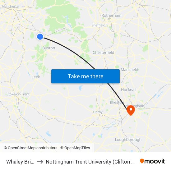 Whaley Bridge to Nottingham Trent University (Clifton Campus) map