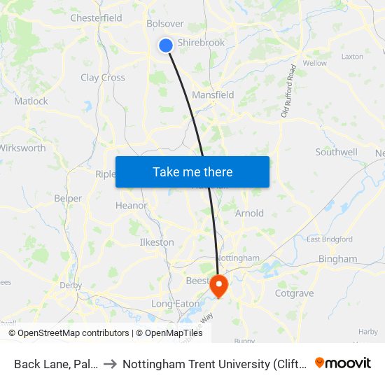 Back Lane, Palterton to Nottingham Trent University (Clifton Campus) map