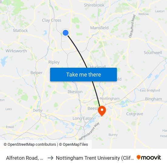 Alfreton Road, Tibshelf to Nottingham Trent University (Clifton Campus) map