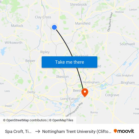 Spa Croft, Tibshelf to Nottingham Trent University (Clifton Campus) map