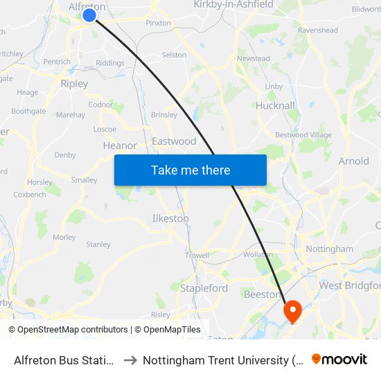 Alfreton Bus Station, Alfreton to Nottingham Trent University (Clifton Campus) map