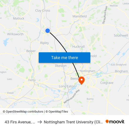 43 Firs Avenue, Alfreton to Nottingham Trent University (Clifton Campus) map