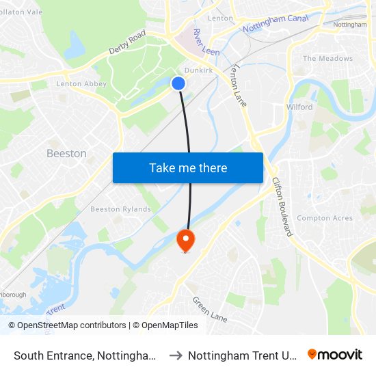 South Entrance, Nottingham University Main Campus (Un04) to Nottingham Trent University (Clifton Campus) map