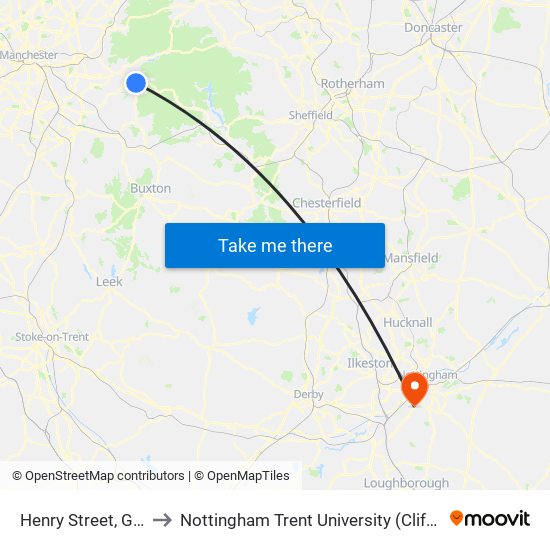 Henry Street, Glossop to Nottingham Trent University (Clifton Campus) map