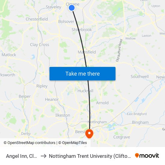 Angel Inn, Clowne to Nottingham Trent University (Clifton Campus) map