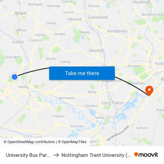 University Bus Park, Allestree to Nottingham Trent University (Clifton Campus) map