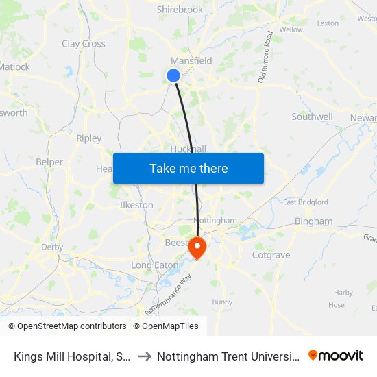 Kings Mill Hospital, Sutton In Ashfield to Nottingham Trent University (Clifton Campus) map