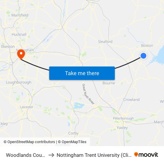 Woodlands Court, Kirton to Nottingham Trent University (Clifton Campus) map