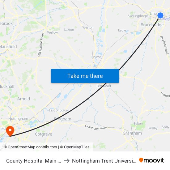 County Hospital Main Entrance, Lincoln to Nottingham Trent University (Clifton Campus) map