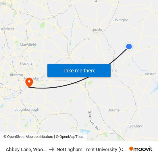 Abbey Lane, Woodhall Spa to Nottingham Trent University (Clifton Campus) map