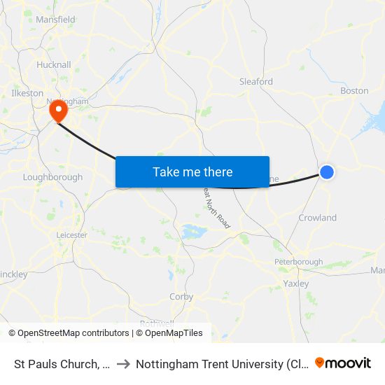 St Pauls Church, Spalding to Nottingham Trent University (Clifton Campus) map