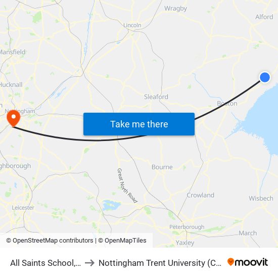 All Saints School, Friskney to Nottingham Trent University (Clifton Campus) map