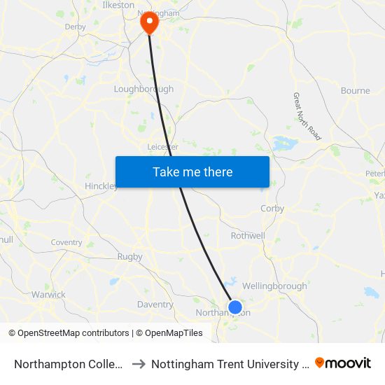 Northampton College, Boothville to Nottingham Trent University (Clifton Campus) map