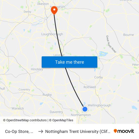 Co-Op Store, Moulton to Nottingham Trent University (Clifton Campus) map