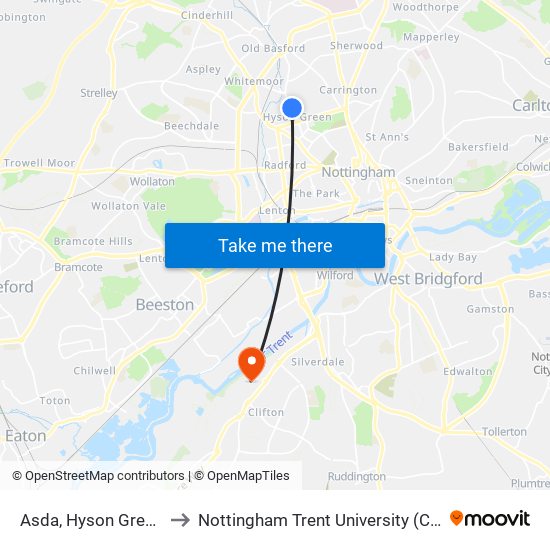 Asda, Hyson Green (Hg07) to Nottingham Trent University (Clifton Campus) map
