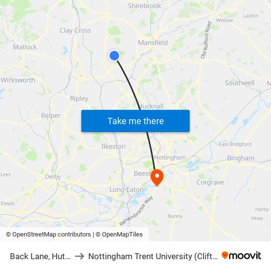 Back Lane, Huthwaite to Nottingham Trent University (Clifton Campus) map
