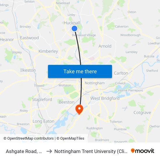 Ashgate Road, Hucknall to Nottingham Trent University (Clifton Campus) map