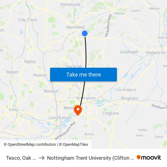 Tesco, Oak Tree to Nottingham Trent University (Clifton Campus) map