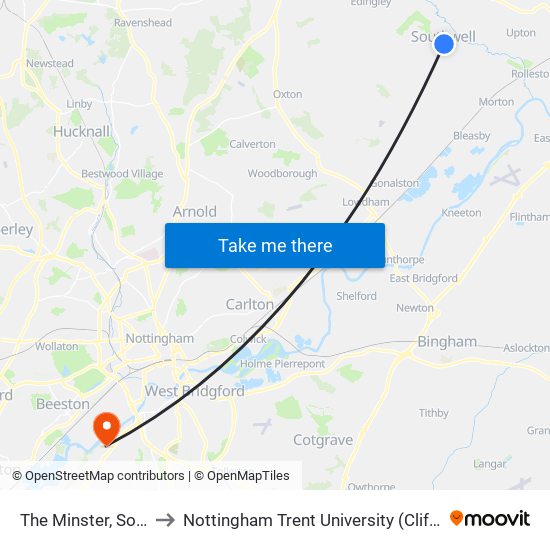 The Minster, Southwell to Nottingham Trent University (Clifton Campus) map