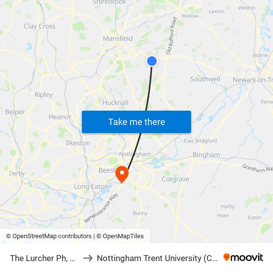 The Lurcher Ph, Rainworth to Nottingham Trent University (Clifton Campus) map