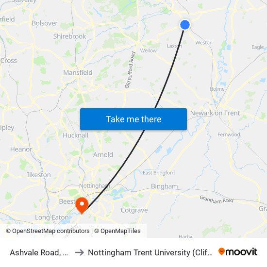 Ashvale Road, Tuxford to Nottingham Trent University (Clifton Campus) map