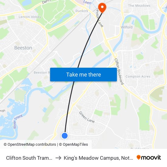 Clifton South Tram Stop, Clifton to King's Meadow Campus, Nottingham University map