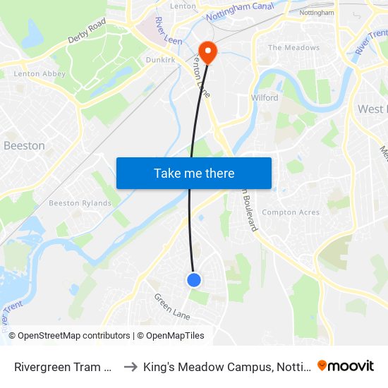 Rivergreen Tram Stop, Clifton to King's Meadow Campus, Nottingham University map