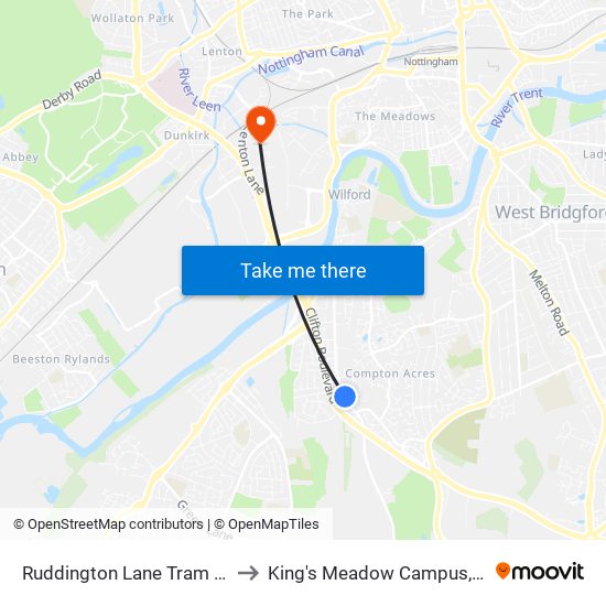 Ruddington Lane Tram Stop, Compton Acres to King's Meadow Campus, Nottingham University map