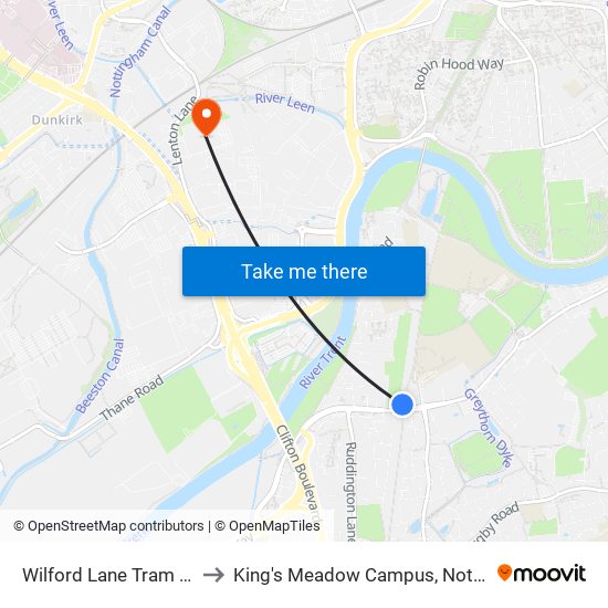 Wilford Lane Tram Stop, Wilford to King's Meadow Campus, Nottingham University map