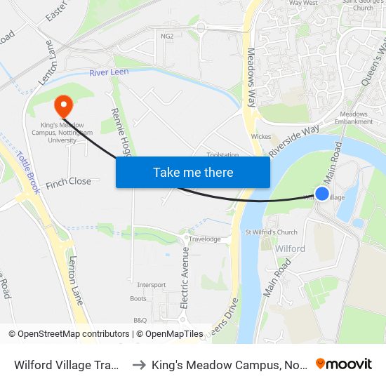 Wilford Village Tram Stop, Wilford to King's Meadow Campus, Nottingham University map