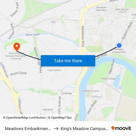 Meadows Embankment Tram Stop, Meadows to King's Meadow Campus, Nottingham University map