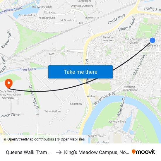 Queens Walk Tram Stop, Meadows to King's Meadow Campus, Nottingham University map