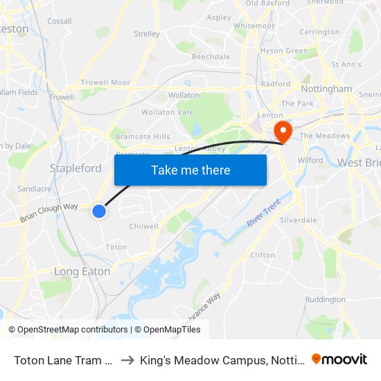 Toton Lane Tram Stop, Toton to King's Meadow Campus, Nottingham University map
