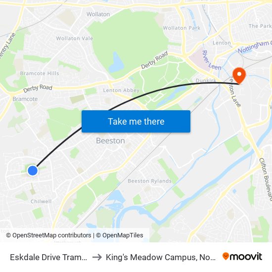 Eskdale Drive Tram Stop, Chilwell to King's Meadow Campus, Nottingham University map