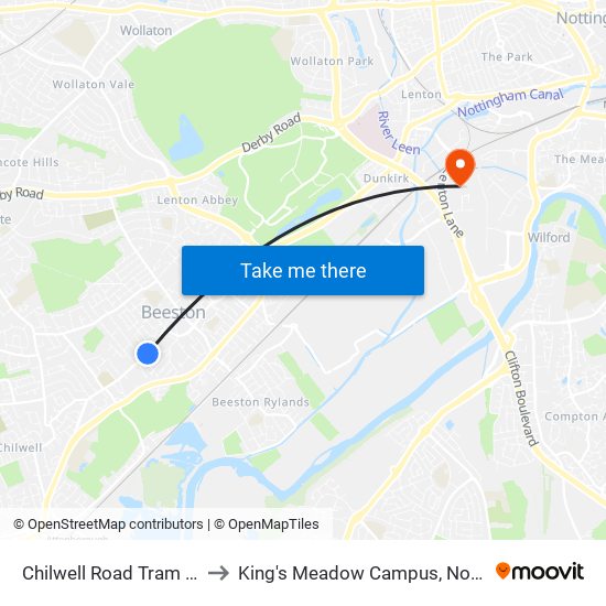 Chilwell Road Tram Stop, Beeston to King's Meadow Campus, Nottingham University map