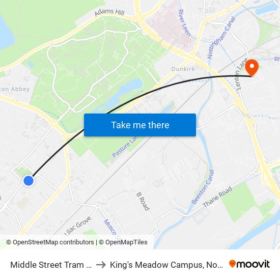 Middle Street Tram Stop, Beeston to King's Meadow Campus, Nottingham University map
