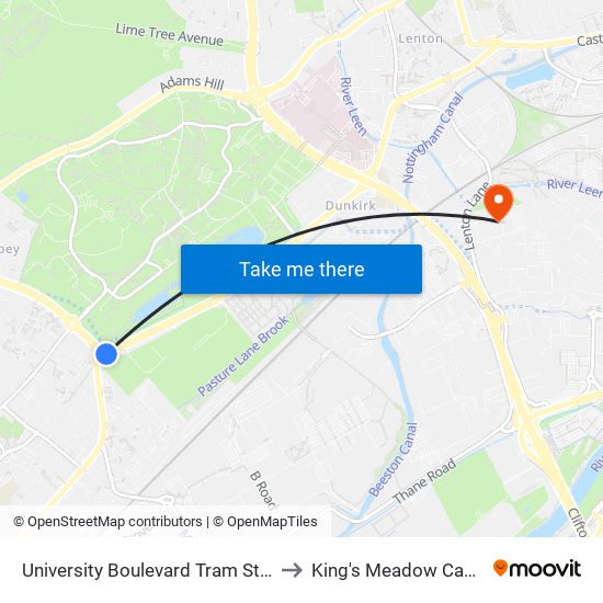 University Boulevard Tram Stop, Nottingham University Main Campus to King's Meadow Campus, Nottingham University map