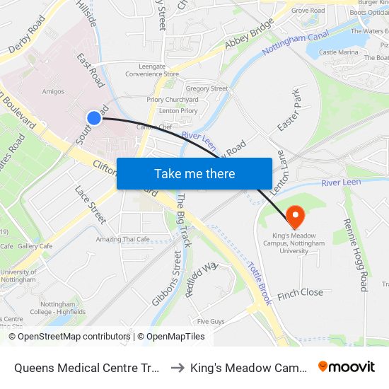 Queens Medical Centre Tram Stop, Queens Medical Centre to King's Meadow Campus, Nottingham University map