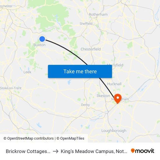 Brickrow Cottages, Dove Holes to King's Meadow Campus, Nottingham University map