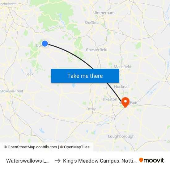 Waterswallows Lane, Fairfield to King's Meadow Campus, Nottingham University map