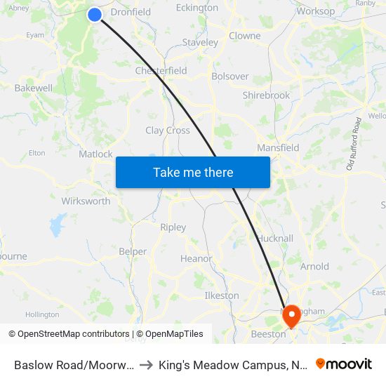 Baslow Road/Moorwood Lane, Totley to King's Meadow Campus, Nottingham University map