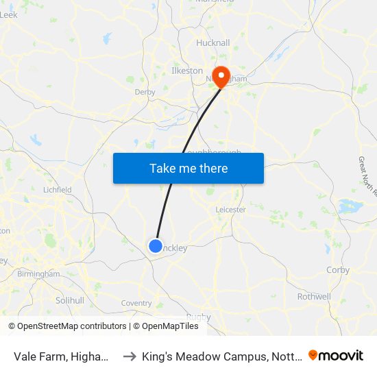 Vale Farm, Higham-On-The-Hill to King's Meadow Campus, Nottingham University map