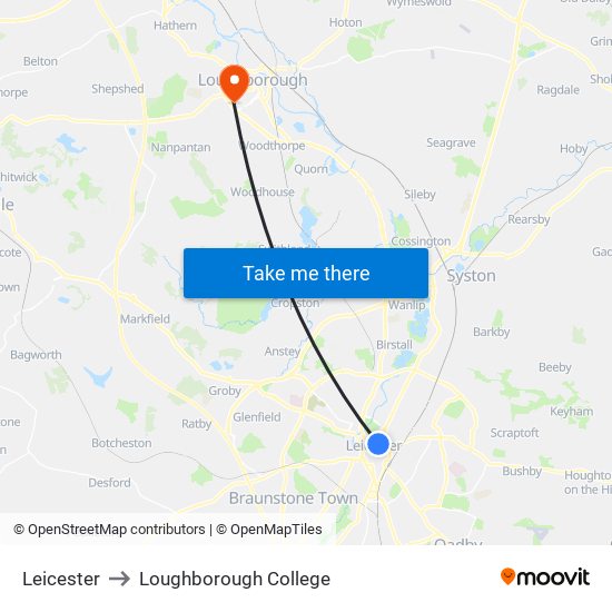 Leicester to Loughborough College map