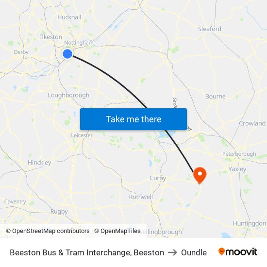 Beeston Bus & Tram Interchange, Beeston to Oundle map