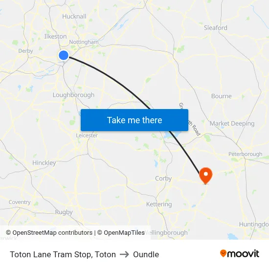 Toton Lane Tram Stop, Toton to Oundle map