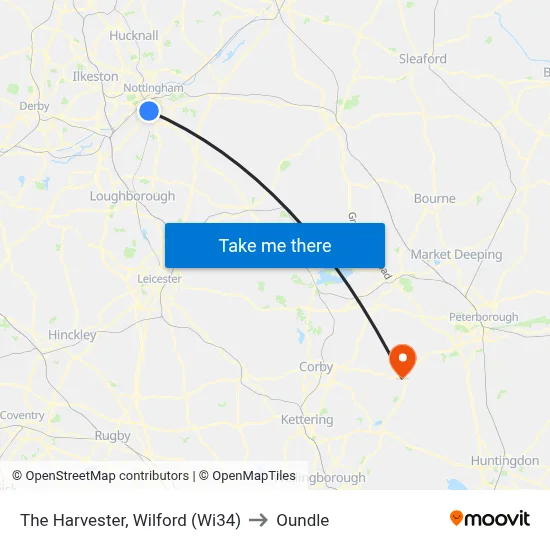 The Harvester, Wilford (Wi34) to Oundle map