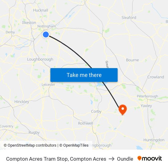 Compton Acres Tram Stop, Compton Acres to Oundle map