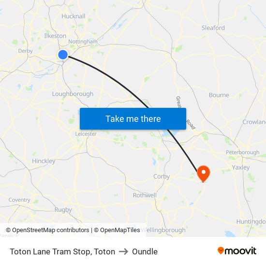 Toton Lane Tram Stop, Toton to Oundle map