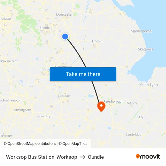 Worksop Bus Station, Worksop to Oundle map