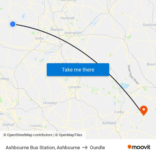 Ashbourne Bus Station, Ashbourne to Oundle map